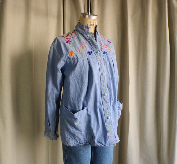 1970's Embroidered Denim Shirt / Women's Boho Blu… - image 1