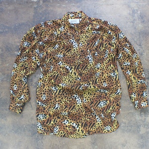 LEOPARD Button Up Blouse , Vintage Women&#39;s Animal Print Top ,