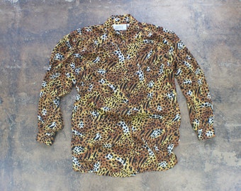 LEOPARD Button Up Blouse , Vintage Women's Animal Print Top ,