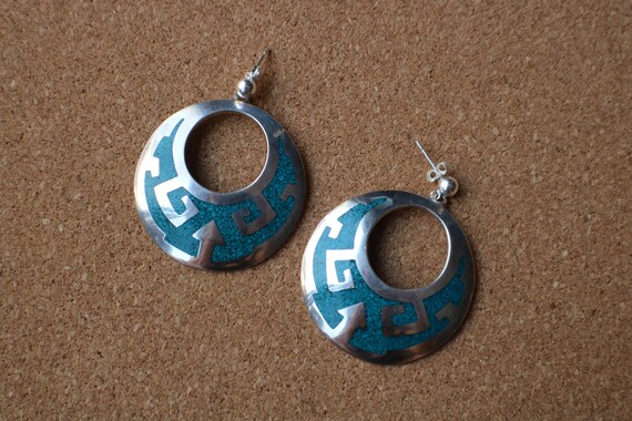 Large Round Sterling Earrings , Vintage Blue and … - image 2