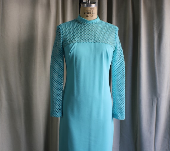 70's Turquoise Gown / Vintage Net Long Sleeve Max… - image 5