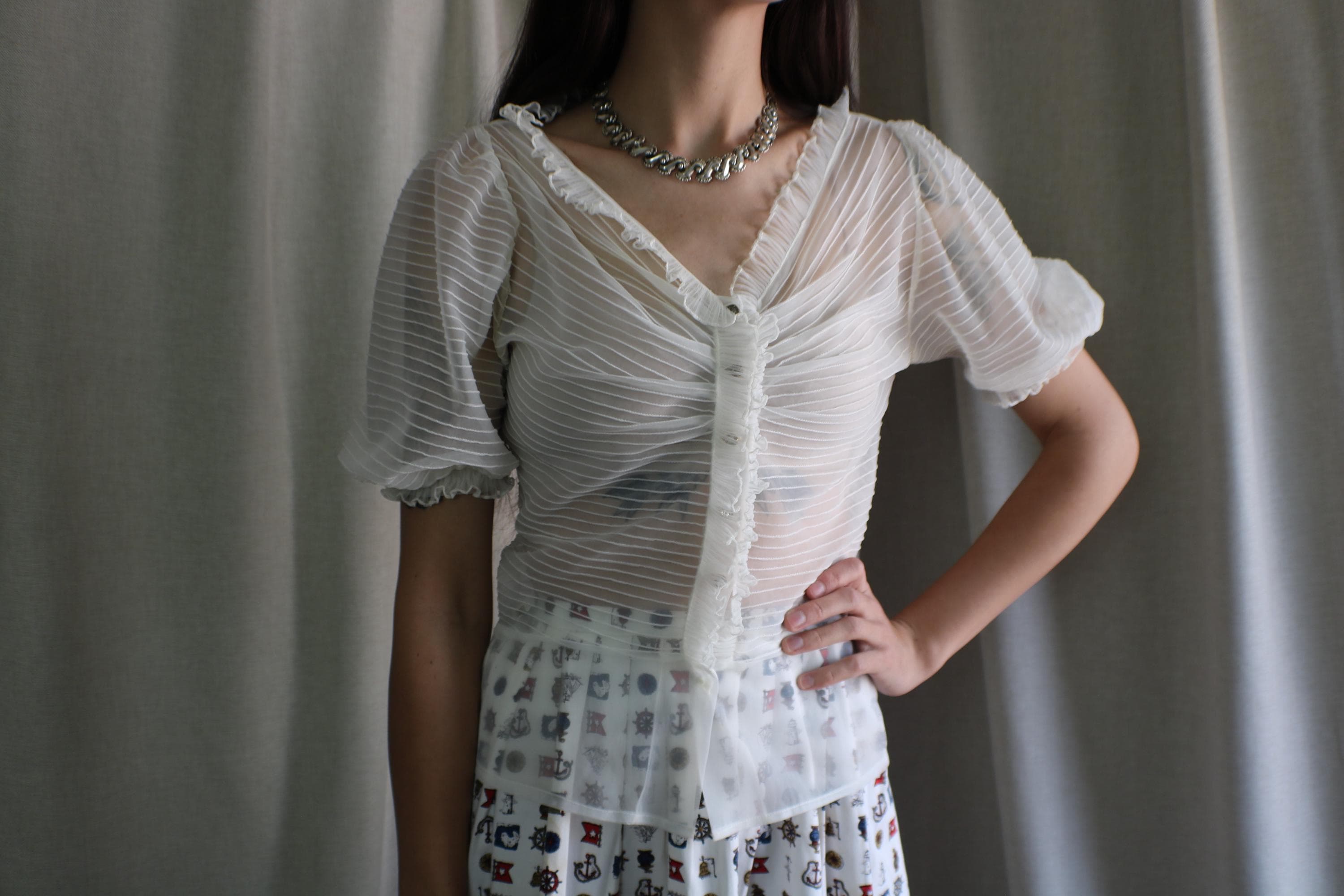 トップス 80s- White see-through shirt Vintage Women White Mesh Top Size S/M White Floral Top