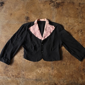 40's Rayon Crepe Jacket / Vintage Black and Pink Beaded Shirt / Cropped Suit Jacket