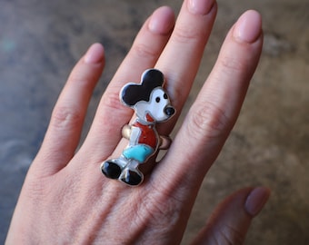 Mickey Mouse Ring / Zuni Toons Jewelry / Southwestern Inlay Cartoon Ring / Sterling Silver Size  8 1/2 / Disney