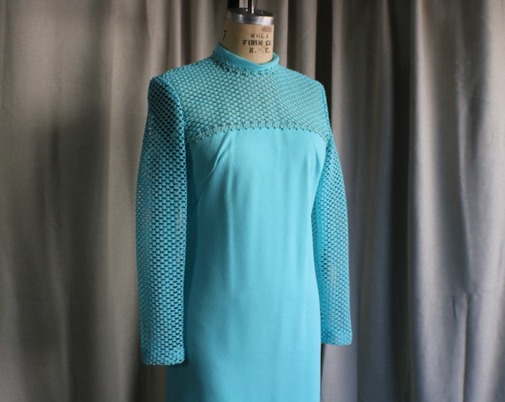 70's Turquoise Gown / Vintage Net Long Sleeve Max… - image 4