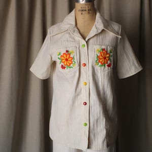 1970's Two Piece Shirt and Pants, Vintage Crinkle Cotton Embroidered Matching Set -Women's Medium
