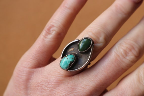 Turquoise Ring, Vintage Double Stone Sterling Sil… - image 1