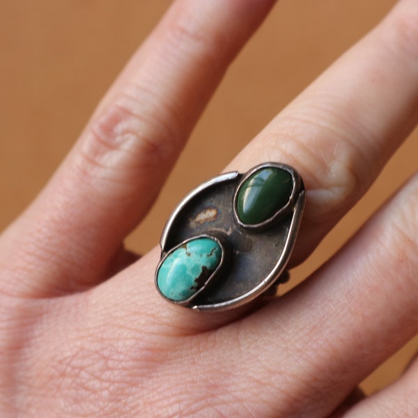 Turquoise Ring, Vintage Double Stone Sterling Silver Ring , Southwest Jewelry Size 5 3/4