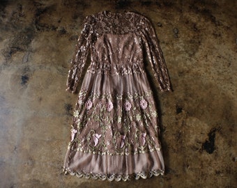 Vintage Brown Lace Dress / Vintage Sheer Dress with Slip / Women's Medium