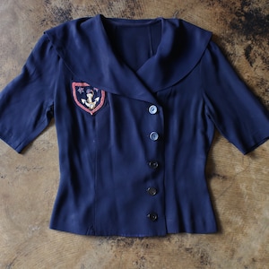 1940's Nautical Shirt / Vintage Navy Blue Rayon Blouse / Women's Small