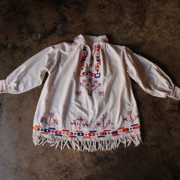 1930's Embroidered Tunic / Antique Cotton Blouse / Vintage  Eastern European Embroidery