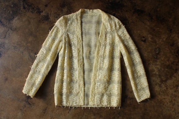 60's Beaded Shirt / Pale Yellow Lace Sequin Sheer… - image 1