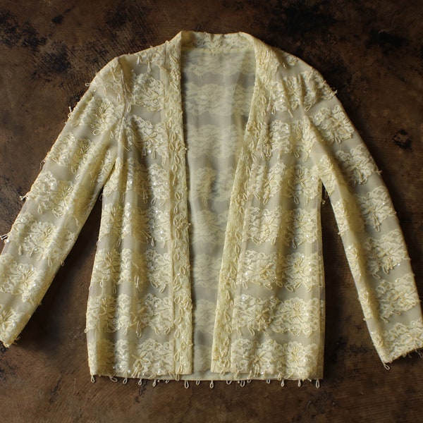 60's Beaded Shirt / Pale Yellow Lace Sequin Sheer Jacket / Women's Small