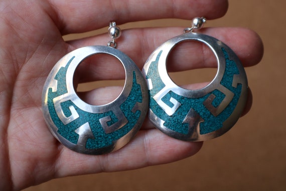 Large Round Sterling Earrings , Vintage Blue and … - image 3