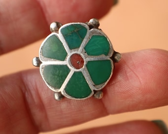 BAGUE fleur turquoise, bijoux vintage Southwest Sterling - Bague taille 6 1/2