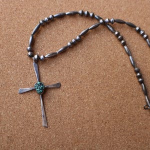 Sterling Cross Necklace / 70&#39;s Turquoise Cross Pendant / Vintage Southwest Bead Necklace