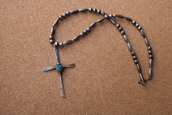 Vintage Sterling Cross Necklace , 70's Turquoise Cross Pendant, Southwest