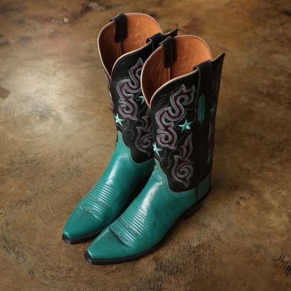 8 B Green Cowboy BOOTS / Lucchese Western Leather Boots / Women's Star Boots