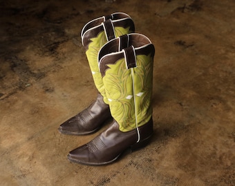 8 1/2 Women's Cowboy BOOTS, Tall Green and Brown Leather Western