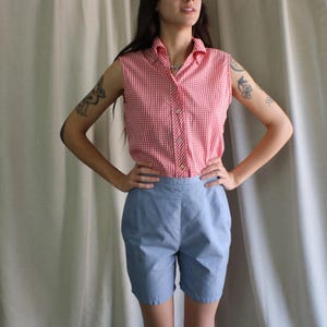 1960&#39;s Women&#39;s Blouse / Gingham Sleeveless Cotton Shirt / Vintage Women&#39;s Red and White
