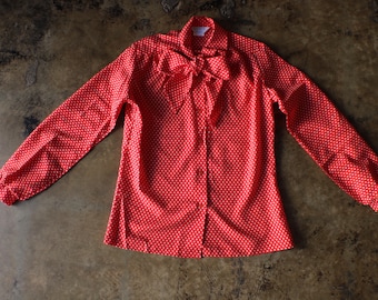1970's Polka Dot Blouse , Vintage Tie Front Shirt , Women's Bow Top- Medium