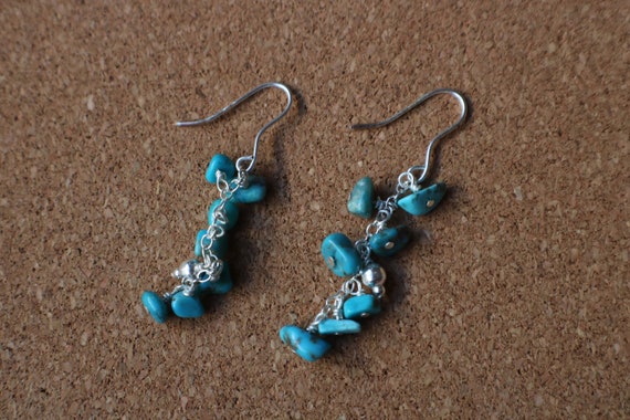 Reconstituted Turquoise Nugget Earrings Chain Drop Sterling Silver Reconstituted Turquoise Nugget Earrings Chain Drop Sterling Silver