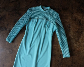 70's Turquoise Gown / Vintage Net Long Sleeve Maxi Dress / Women's Dress