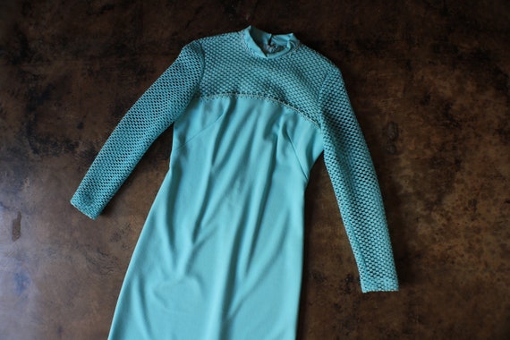70's Turquoise Gown / Vintage Net Long Sleeve Max… - image 1
