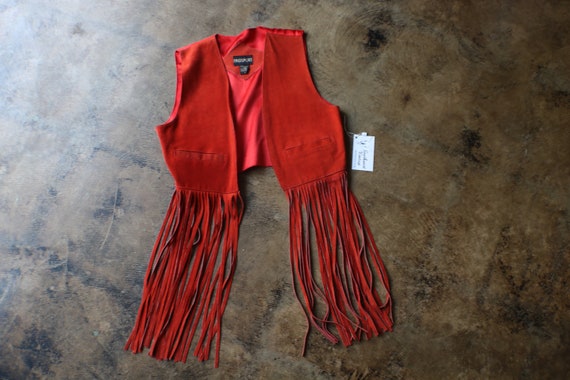 Red FRINGE Suede Vest , Vintage Long Fringe Wester