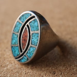 Turquoise Coral Men&#39;s RING / Hummingbird Design Jewelry / Southwest Signet Ring Size 9