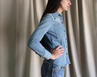 Top vaquero de los años 70, camisa de patchwork para mujer, vaquero vintage (talla pequeña)