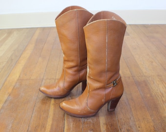 Botas vaqueras vintage de 5 1/2 pulgadas de tacón, de cuero marrón, estilo western para mujer.