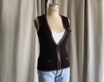 Sweter-kamizelka z lat 30. i 40., dzianina w kolorze czerwono-zielono-czarnym, rozmiar S, rozmiar damski
