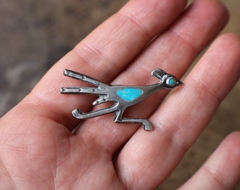 Roadrunner Brooch / Southwest Bird Pin / Vintage Sterling Turquoise Bird Brooch