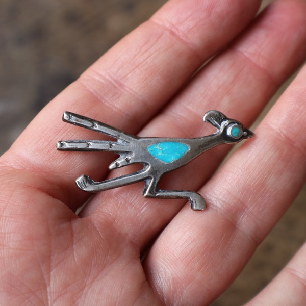 Roadrunner Brooch / Southwest Bird Pin / Vintage Sterling Turquoise Bird Brooch