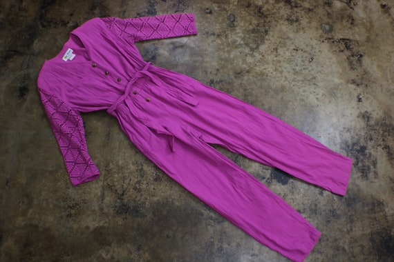 Vintage Fuchsia Jumpsuit / 80's Cotton Pant Jumps… - image 9