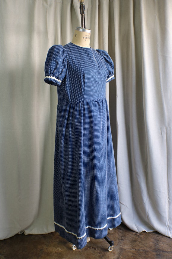Vintage 70's Swiss Dot Maxi Dress, Navy Blue and … - image 5
