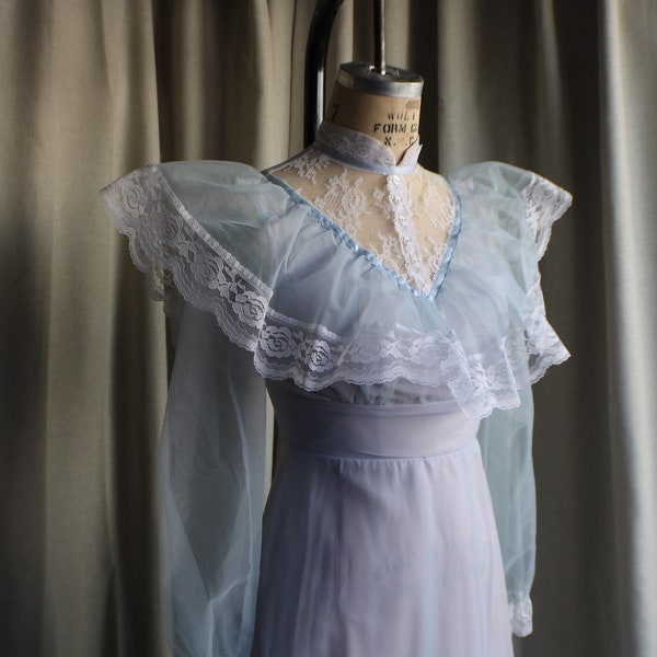 70's Organza Lace Gown / Vintage Light Blue Maxi Dress / Small Women's Victorian Style