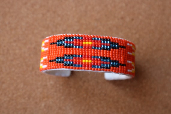 Southwest Beaded Cuff , Wide Orange Beaded Bracel… - image 3