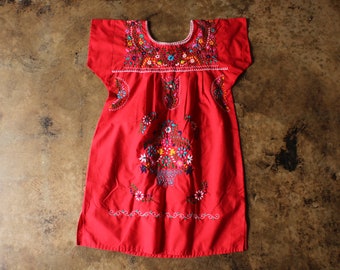 Vintage Embroidered Red DRESS /  Mexican Dress with Colorful Flowers / Women's Large