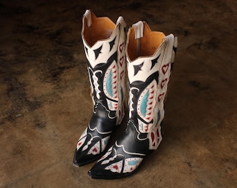9 B Women's Cowboy Boots , Fancy Western Leather, Hearts and Butterflies