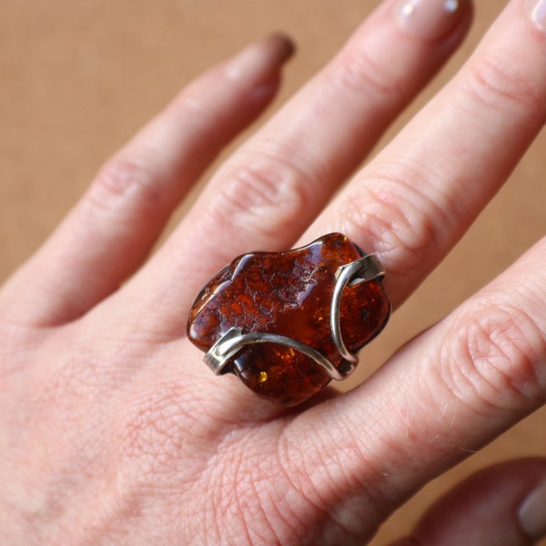 Vintage Amber RING / Large Sterling Ring / Big Stone Size 7 1/2 Ring