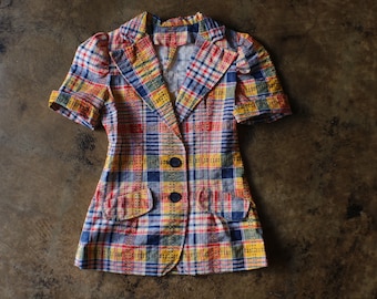 70's Plaid Jacket / Vintage Colorful Short Sleeve Blazer / Women's Small