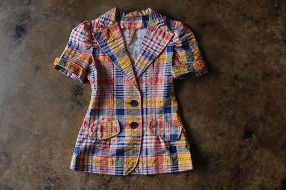 70's Plaid Jacket / Vintage Colorful Short Sleeve… - image 1