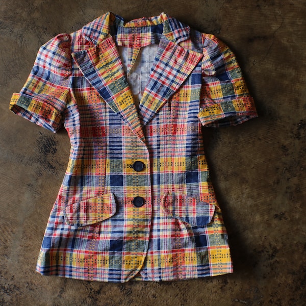 70's Plaid Jacket / Vintage Colorful Short Sleeve Blazer / Women's Small