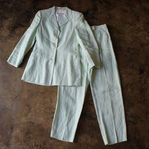 Y2K Escada Linen Suit / Women&#39;s Mint Green Blazer and Trouser / Vintage Women&#39;s Extra Small