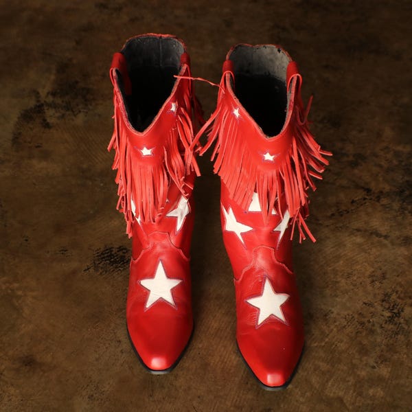 8 1/2 , Red Fringed Cowboy Boots with Stars, Women's Vintage Western, Leather