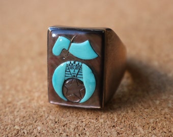 Vintage Shriners Ring / Men's Sterling Turquoise and Abalone Men's Ring / Size 11 3/4 Masonic Ring