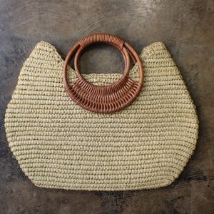 Circle Handle Basket Tote , Vintage Woven Handbag, Natural Purse