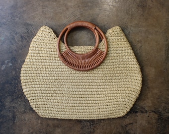 Circle Handle Basket Tote , Vintage Woven Handbag, Natural Purse